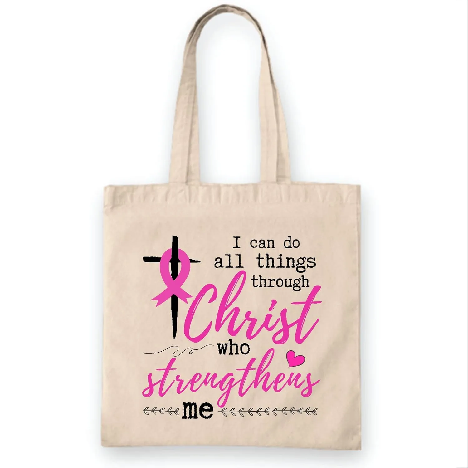 Gift for Breast Cancer Survivors Uplifting Christian Inspiration White Multicolor Canvas Tote Bag