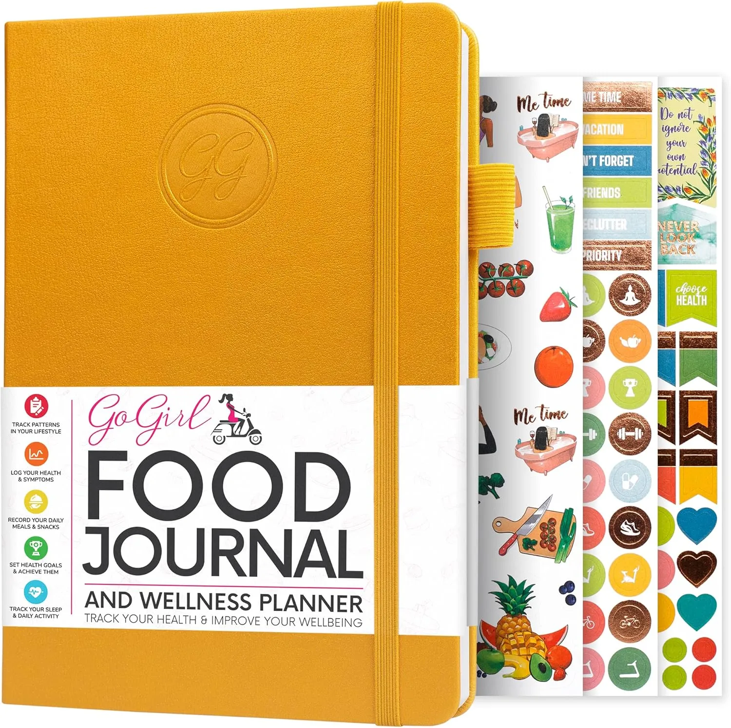 GoGirl Food Journal & Wellness Planner –– Daily Health, Diet & Fitness Diary – Lifestyle & Nutrition Journal with Meal, Exercise & Weight Loss Trackers - A5 size, 14 x 21cm, Hardcover - Amber Yellow