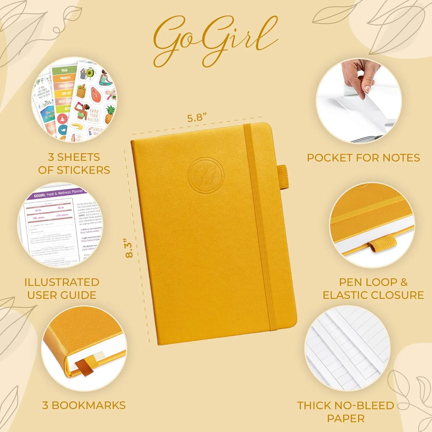 GoGirl Food Journal & Wellness Planner –– Daily Health, Diet & Fitness Diary – Lifestyle & Nutrition Journal with Meal, Exercise & Weight Loss Trackers - A5 size, 14 x 21cm, Hardcover - Amber Yellow