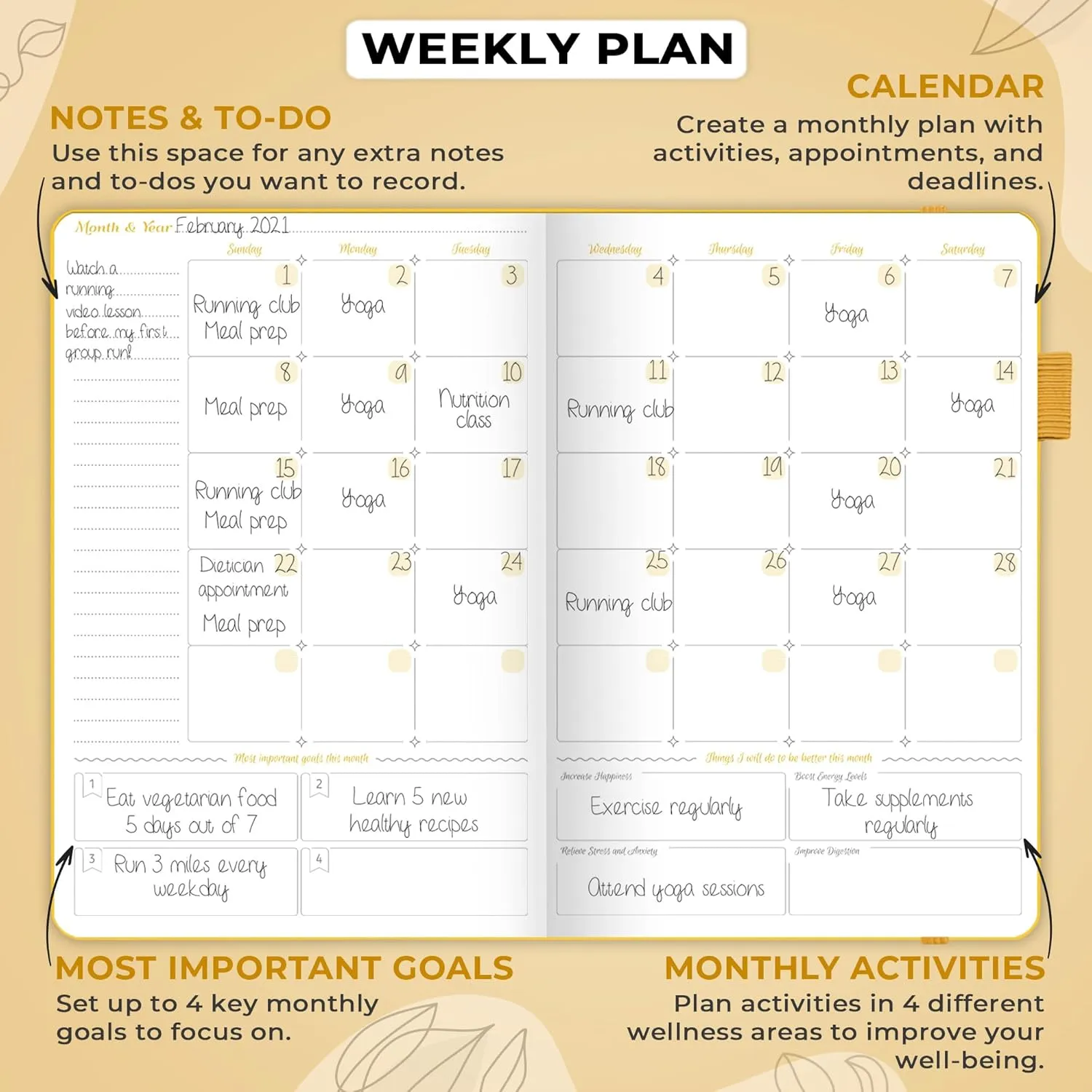 GoGirl Food Journal & Wellness Planner –– Daily Health, Diet & Fitness Diary – Lifestyle & Nutrition Journal with Meal, Exercise & Weight Loss Trackers - A5 size, 14 x 21cm, Hardcover - Amber Yellow
