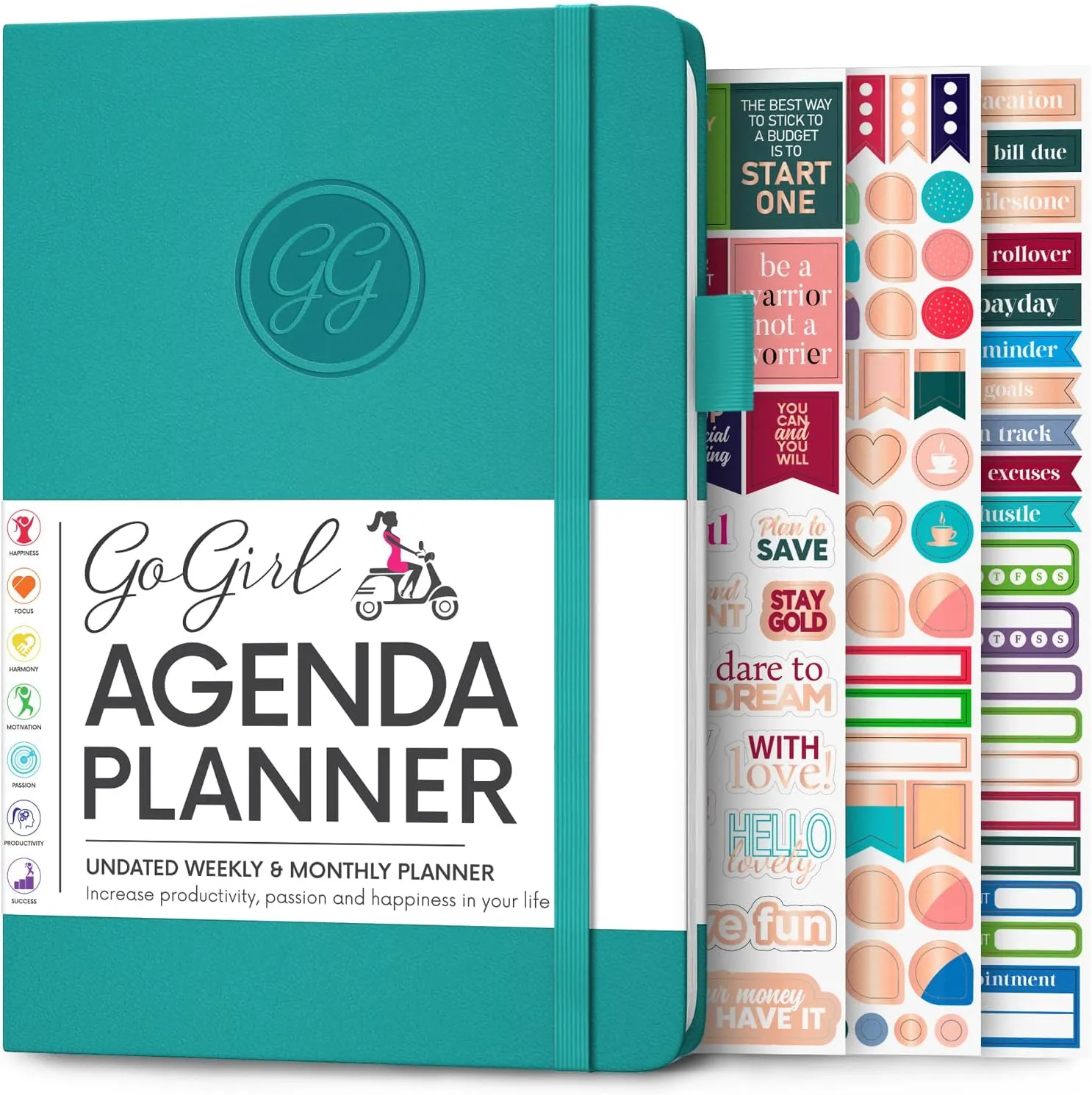 GoGirl Planner Agenda – Colorful Undated Monthly & Weekly Organizer for Women, Journal for Time Management & Productivity (Turquoise)