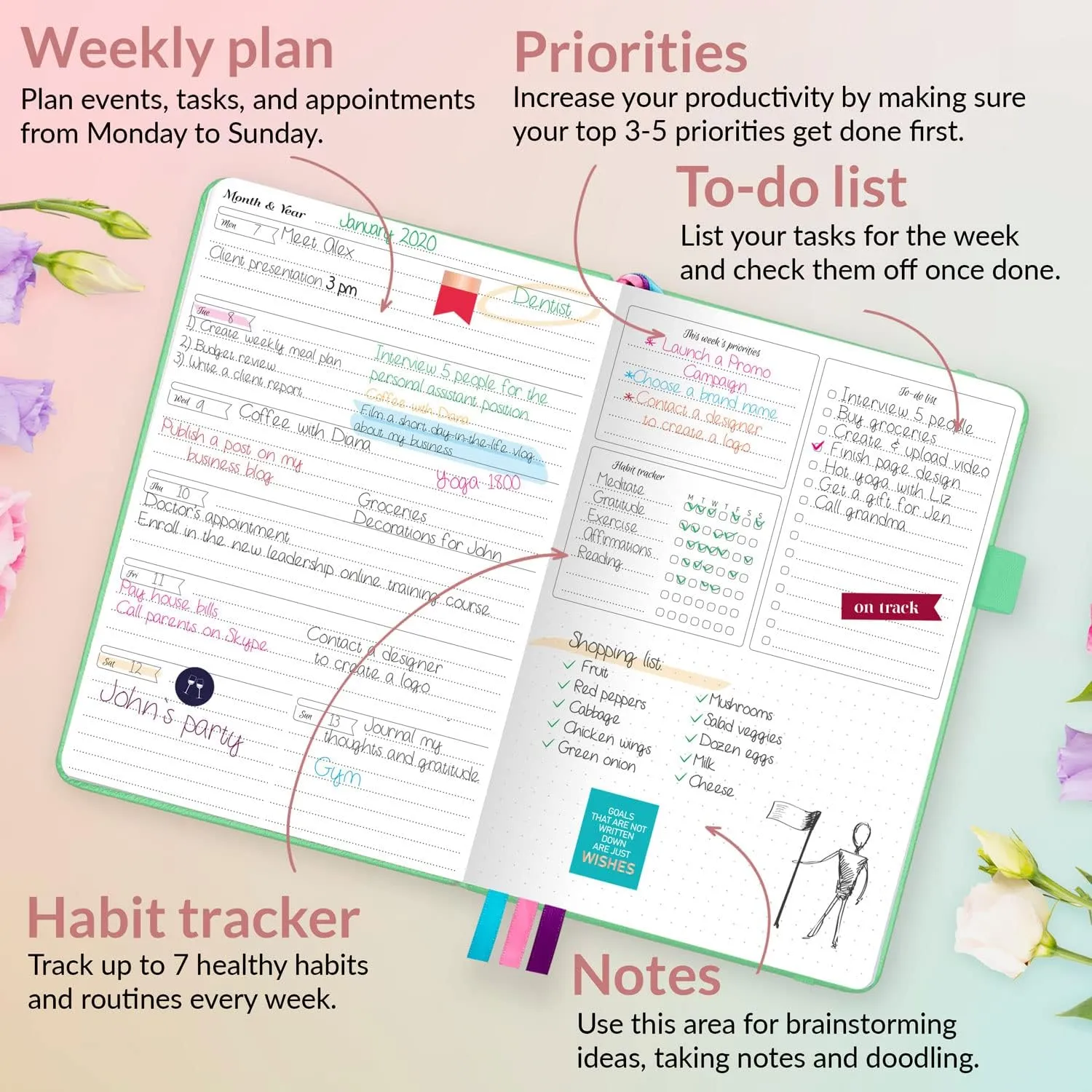 GoGirl Planner and Organizer for Women – A5 Size Weekly Planner, Goals Journal & Agenda to Improve Time Management, Productivity & Live Happier. Undated – Start Anytime, Lasts 1 Year – Emerald