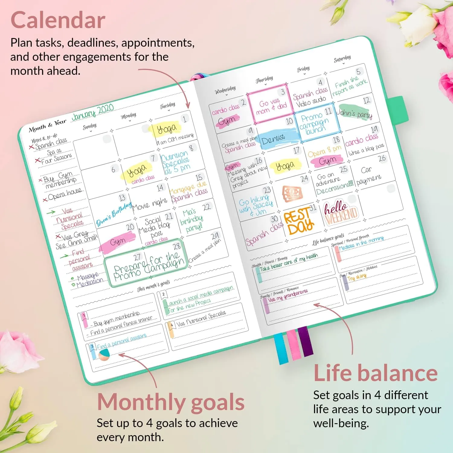 GoGirl Planner and Organizer for Women – A5 Size Weekly Planner, Goals Journal & Agenda to Improve Time Management, Productivity & Live Happier. Undated – Start Anytime, Lasts 1 Year – Emerald