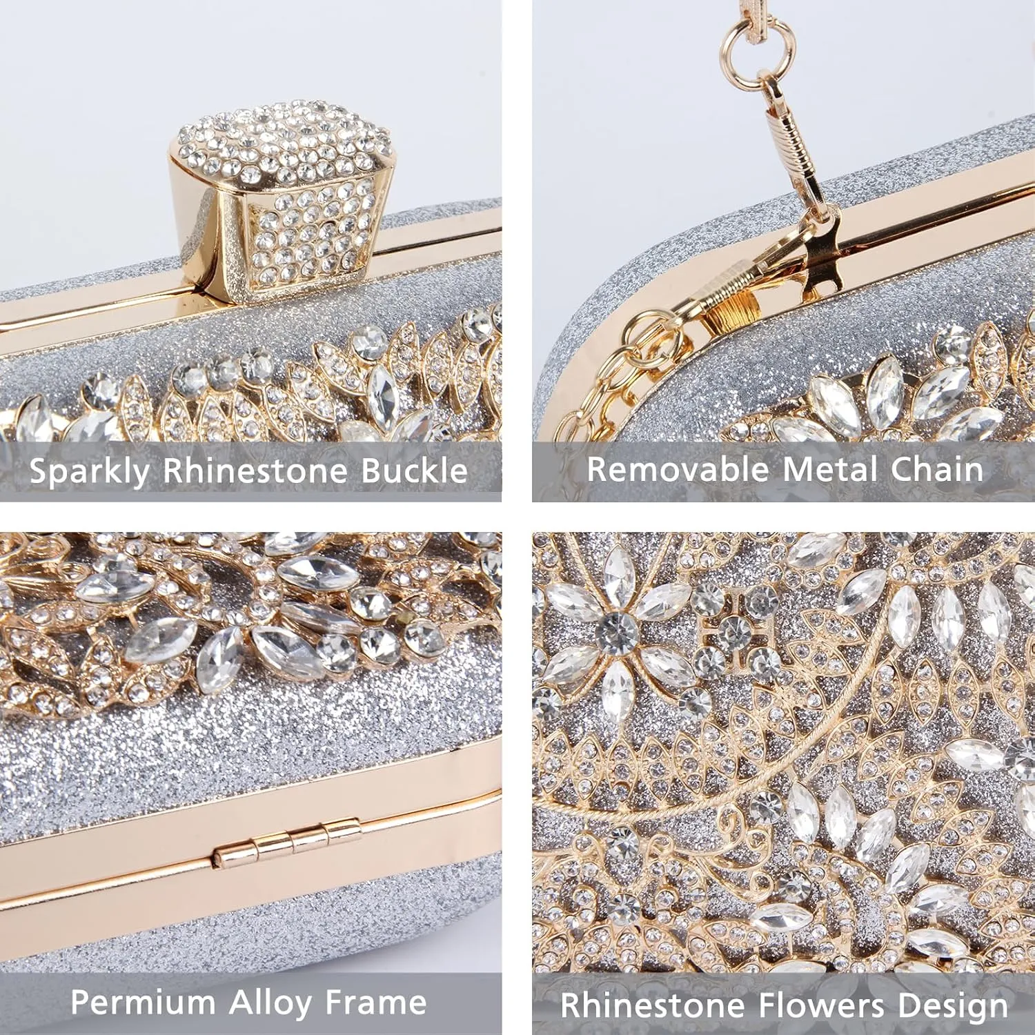 GOKTOW Rhinestone Clutch Purse,Sparkly Crystal Floral Evening Bag for Women Formal Prom Bridal Wedding Party