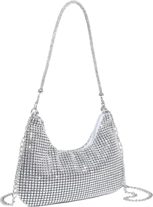 GORGLITTER Women's Rhinestone Silver Purse Sparkly Sequin Hobo Wedding Guest Clutch Purse