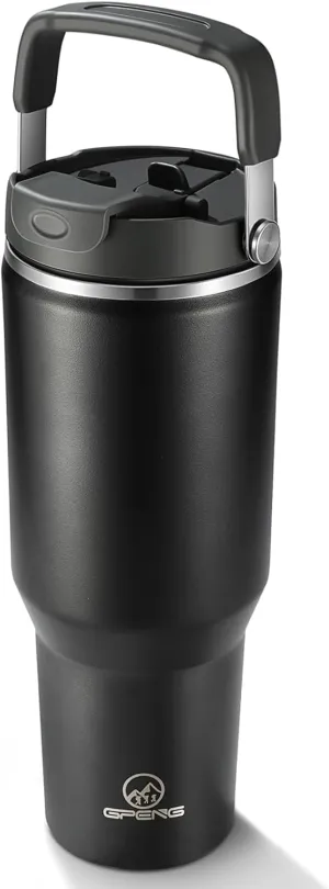 Gpeng 40 oz Tumbler with Handle, Water Bottles with Straw Lid, Insulated Stainless Steel Travel Mug Cup Holder Friendly, Keep Drinks Cold or Hot for 48  Hours