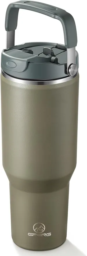 Gpeng 40 oz Tumbler with Handle, Water Bottles with Straw Lid, Insulated Stainless Steel Travel Mug Cup Holder Friendly, Keep Drinks Cold or Hot for 48  Hours