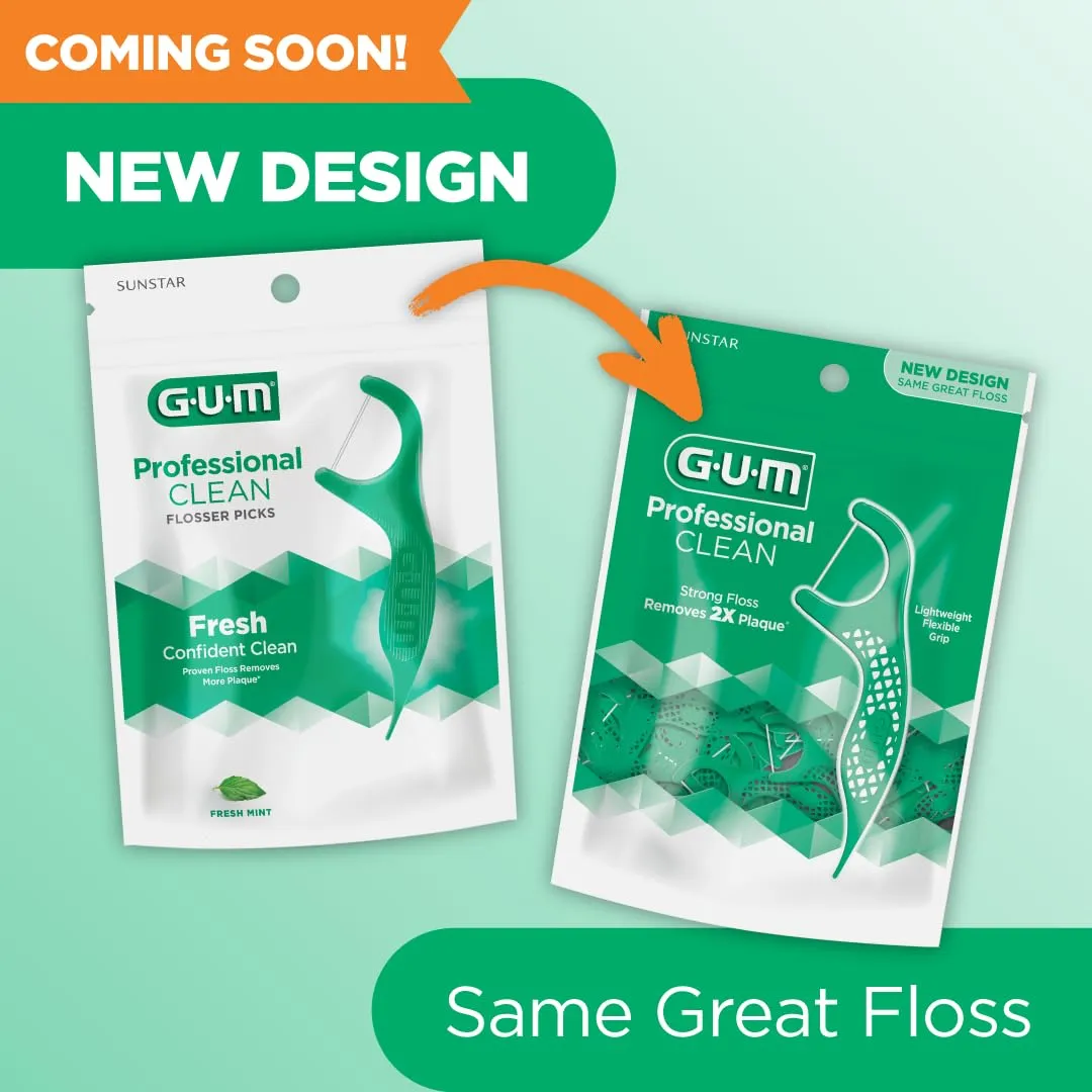 GUM Professional Clean Floss Picks - Extra Strong Shred-Resistant Floss, Easy Grip Handle - Dental Flossers for Adults - Fresh Mint Flavor, 150 Count (Pack of 4)