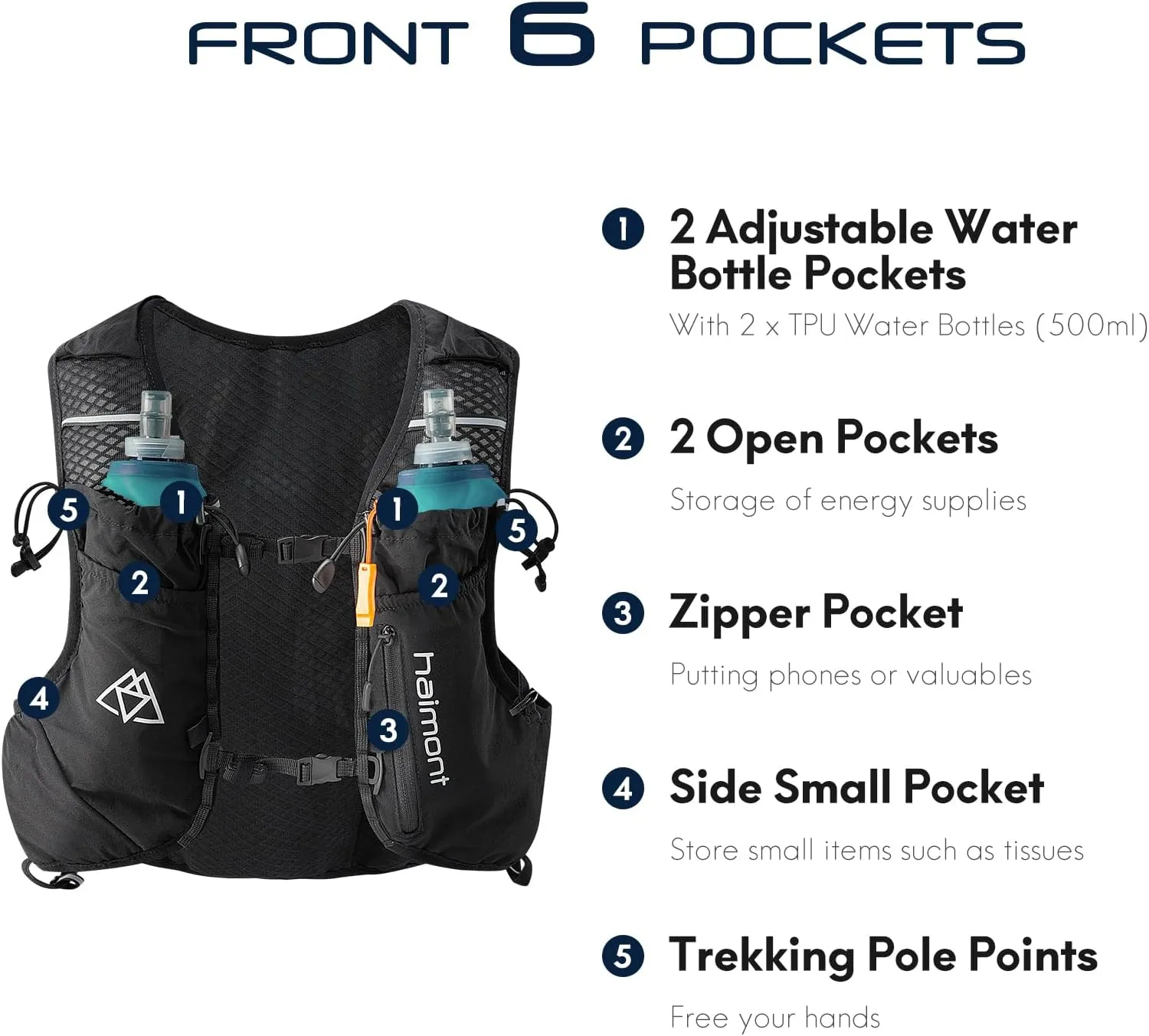 Haimont Running Hydration Vest with Water Bottles for Men Women, Lightweight 8L Hydrated Vest Pack for Trail Running, Hiking