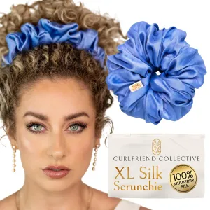 Hair Scrunchies for Women, Extra Large Silk Scrunchies for Curly Hair, Silk Ties No Damage for Thick Hairs, Hair Accessories, Ponytail Holder - Cerulean, XL