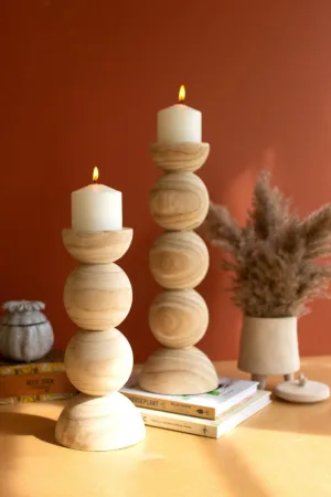 Hand-Carved Wooden Stacked Ball Candle Holders