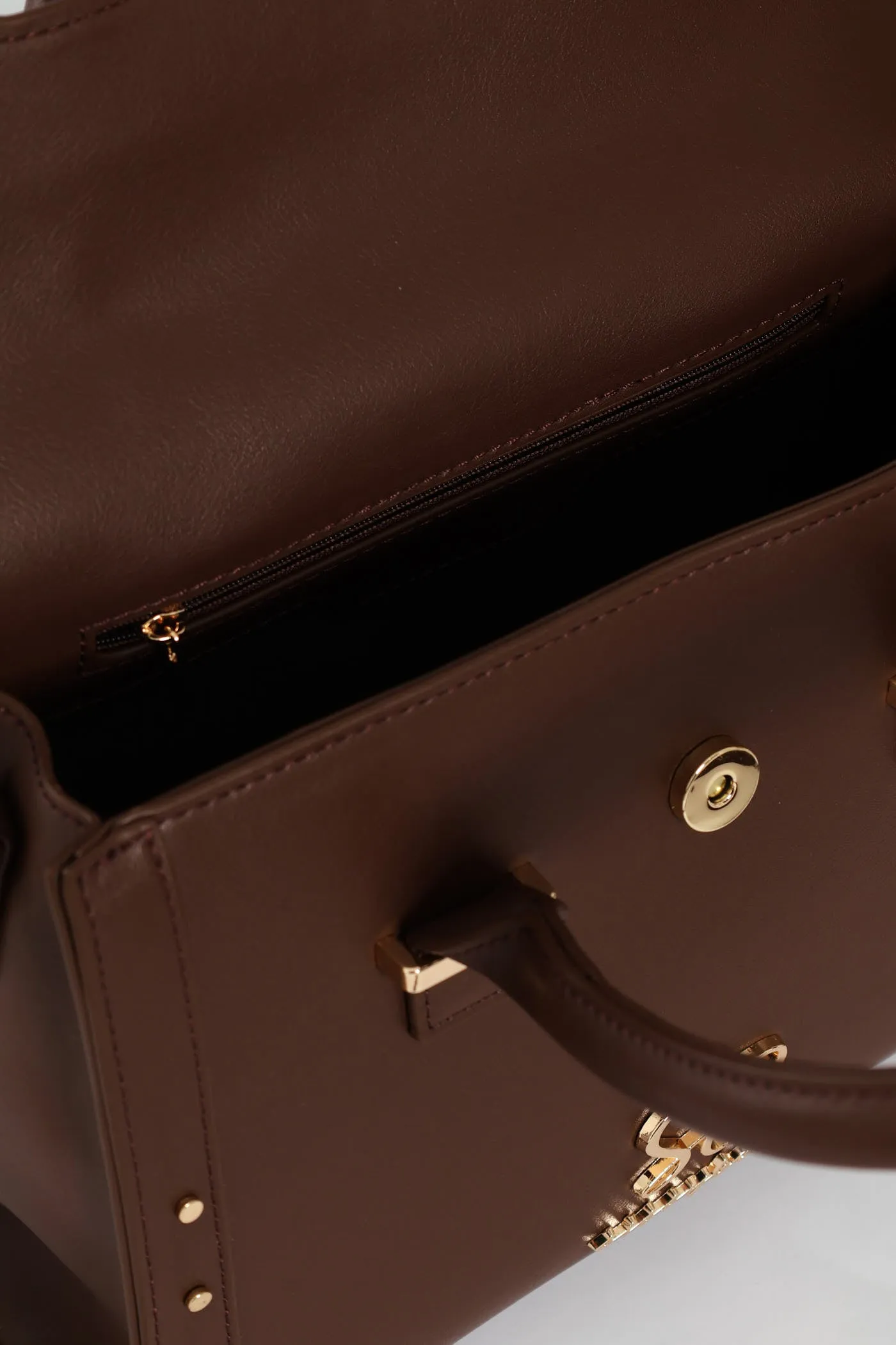 Handbag With Lock Detail - Chocolate