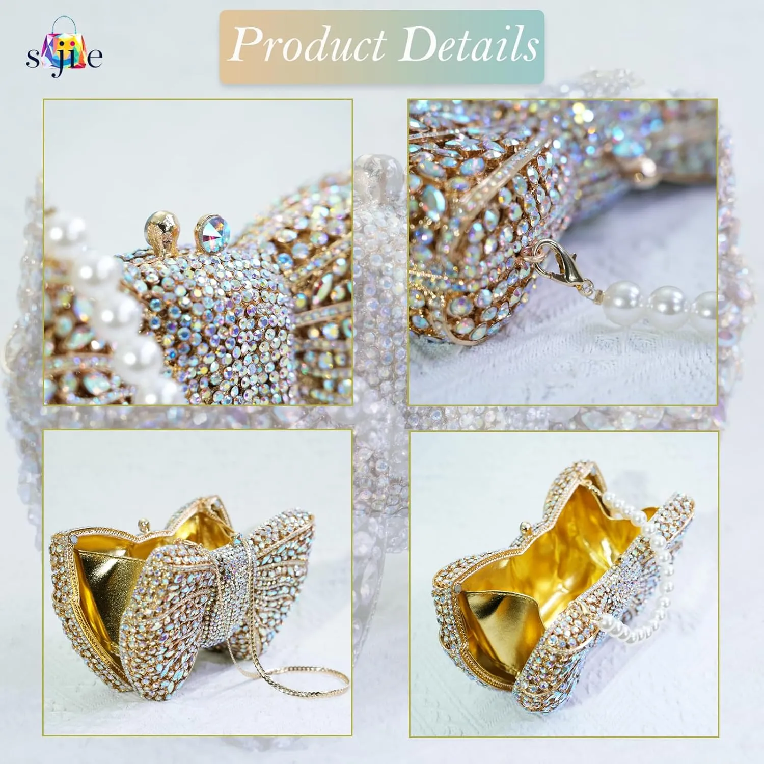 Handmade Inlay Rhinestone Bow Clutch Bag for Women, Sparkling Evening Party Wedding Purse with Detachable Pearl Chain Strap