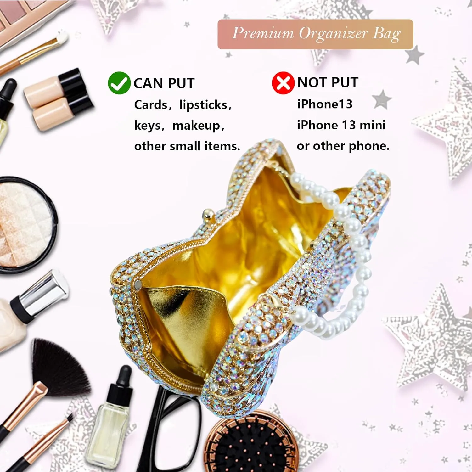 Handmade Inlay Rhinestone Bow Clutch Bag for Women, Sparkling Evening Party Wedding Purse with Detachable Pearl Chain Strap