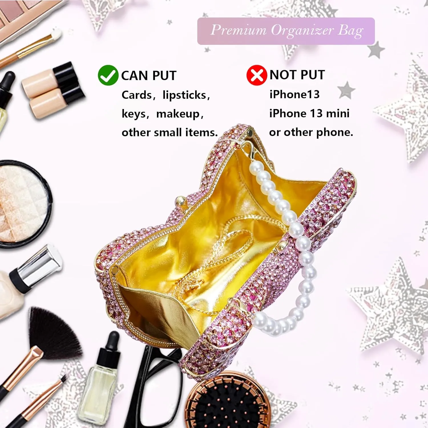 Handmade Inlay Rhinestone Bow Clutch Bag for Women, Sparkling Evening Party Wedding Purse with Detachable Pearl Chain Strap