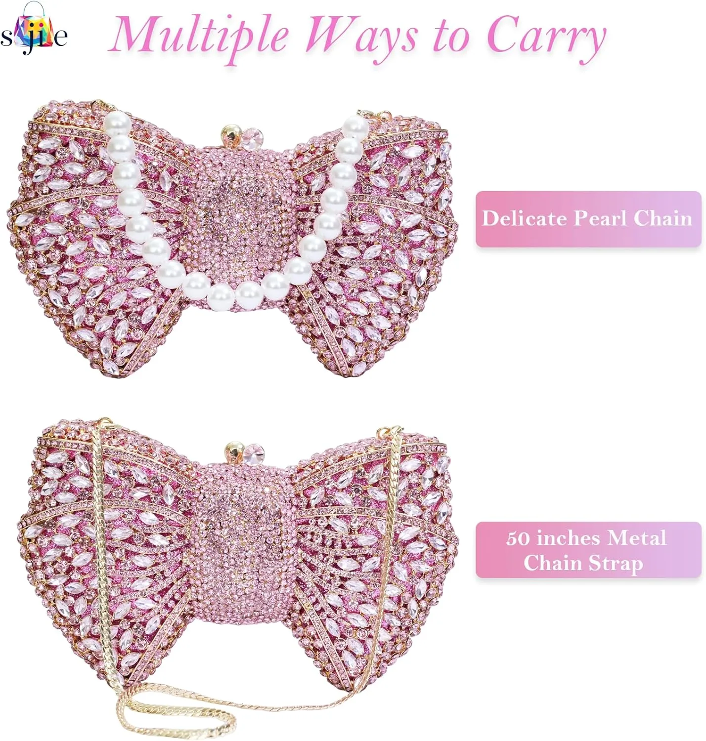 Handmade Inlay Rhinestone Bow Clutch Bag for Women, Sparkling Evening Party Wedding Purse with Detachable Pearl Chain Strap