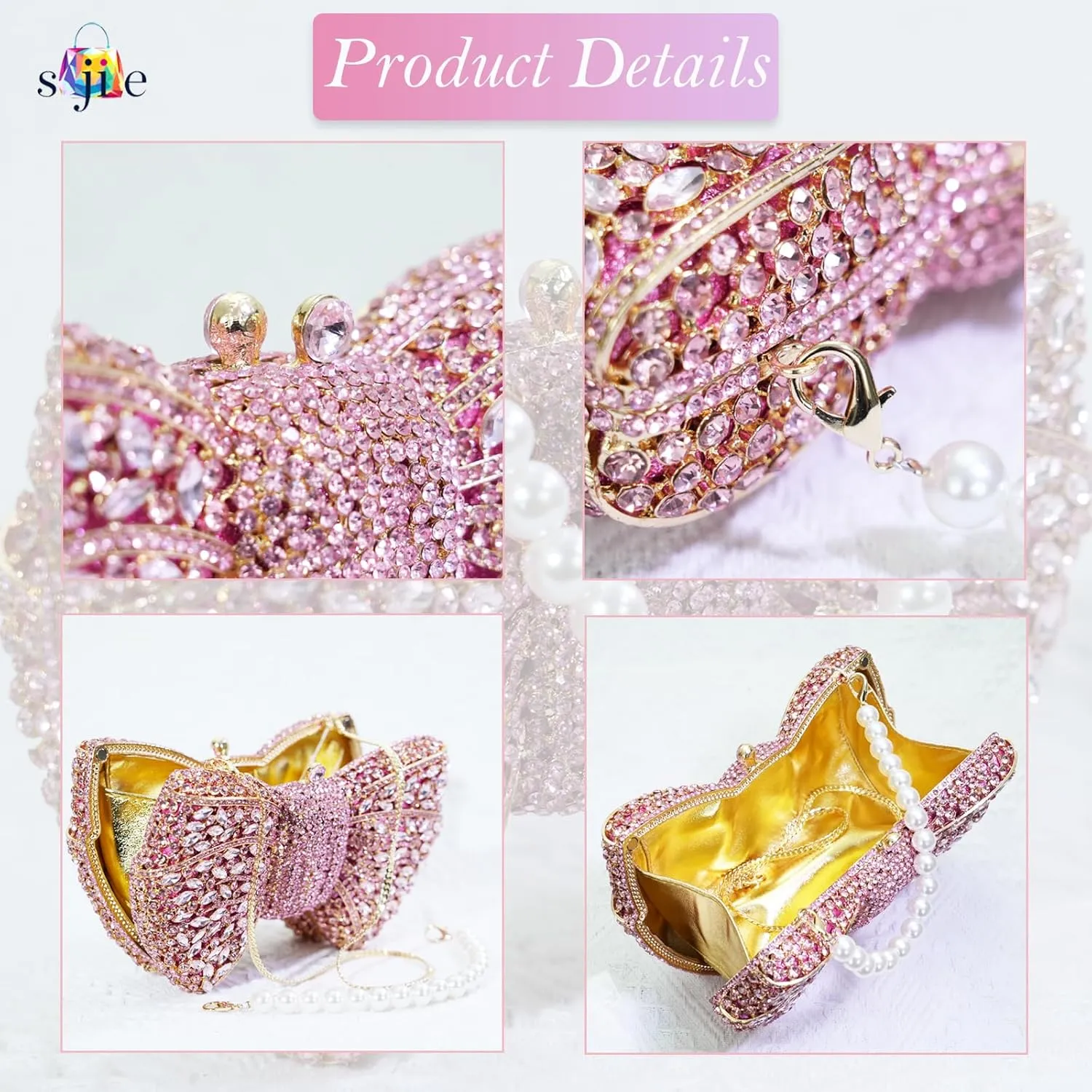 Handmade Inlay Rhinestone Bow Clutch Bag for Women, Sparkling Evening Party Wedding Purse with Detachable Pearl Chain Strap