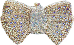 Handmade Inlay Rhinestone Bow Clutch Bag for Women, Sparkling Evening Party Wedding Purse with Detachable Pearl Chain Strap