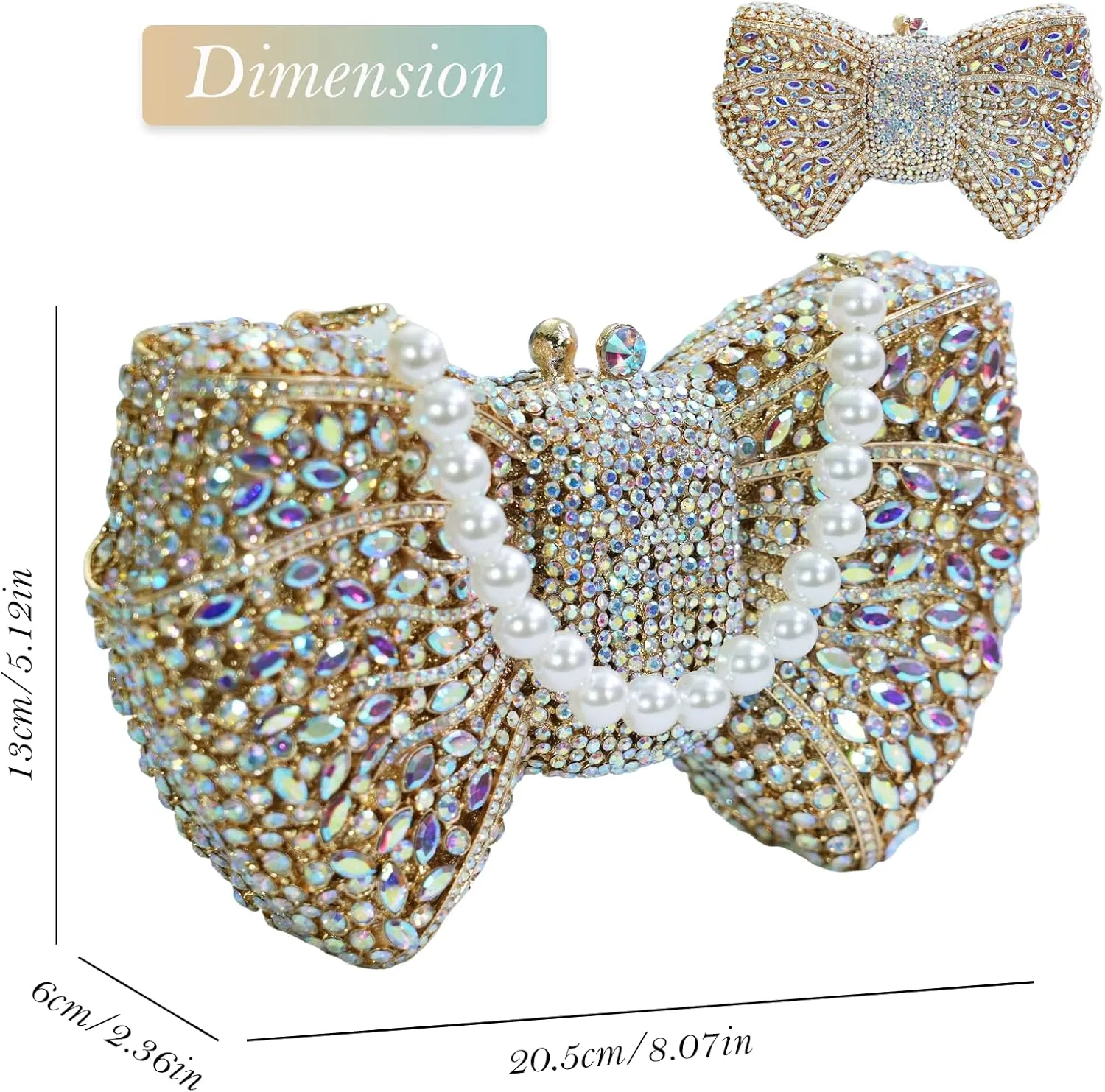 Handmade Inlay Rhinestone Bow Clutch Bag for Women, Sparkling Evening Party Wedding Purse with Detachable Pearl Chain Strap
