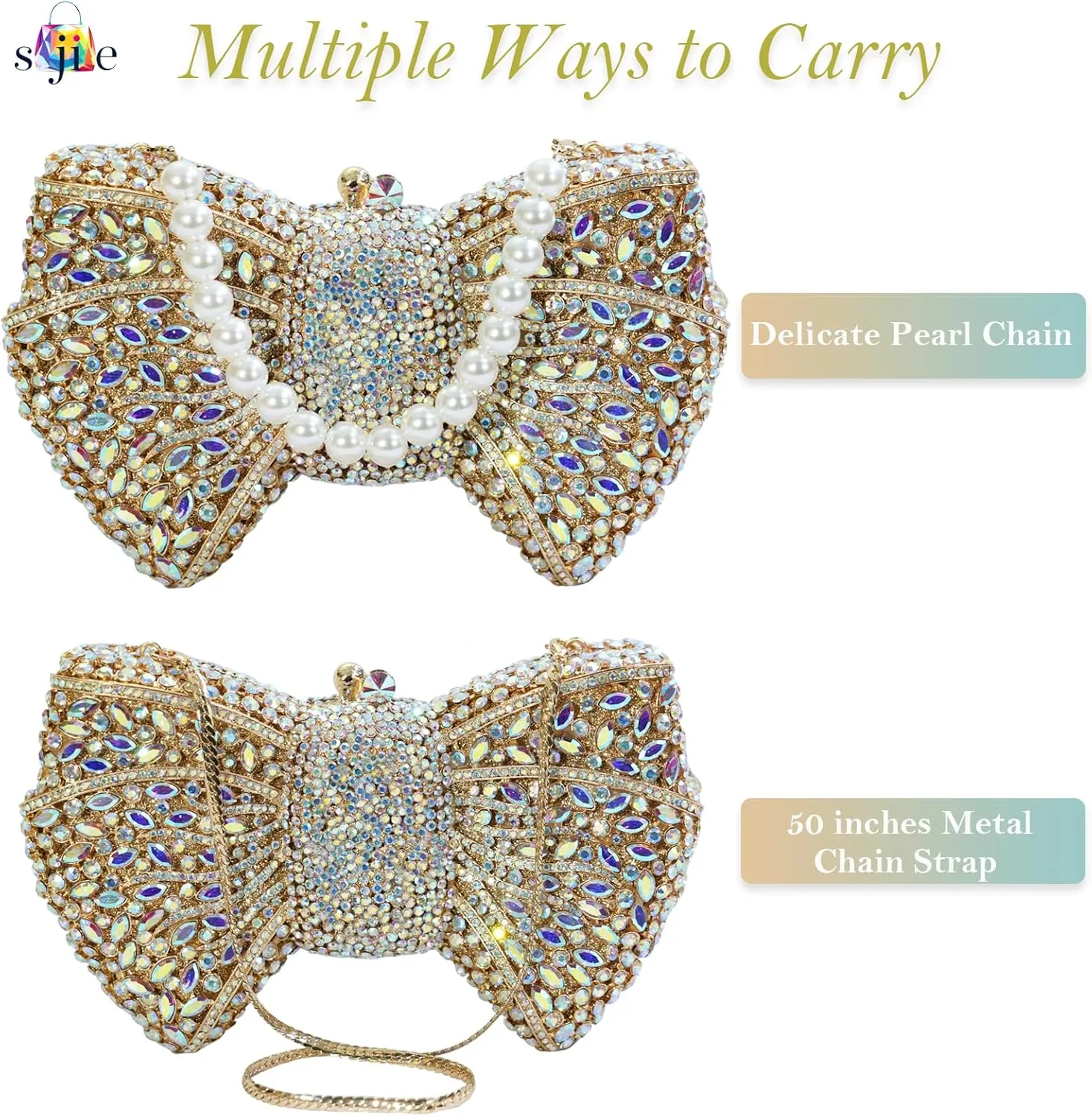 Handmade Inlay Rhinestone Bow Clutch Bag for Women, Sparkling Evening Party Wedding Purse with Detachable Pearl Chain Strap