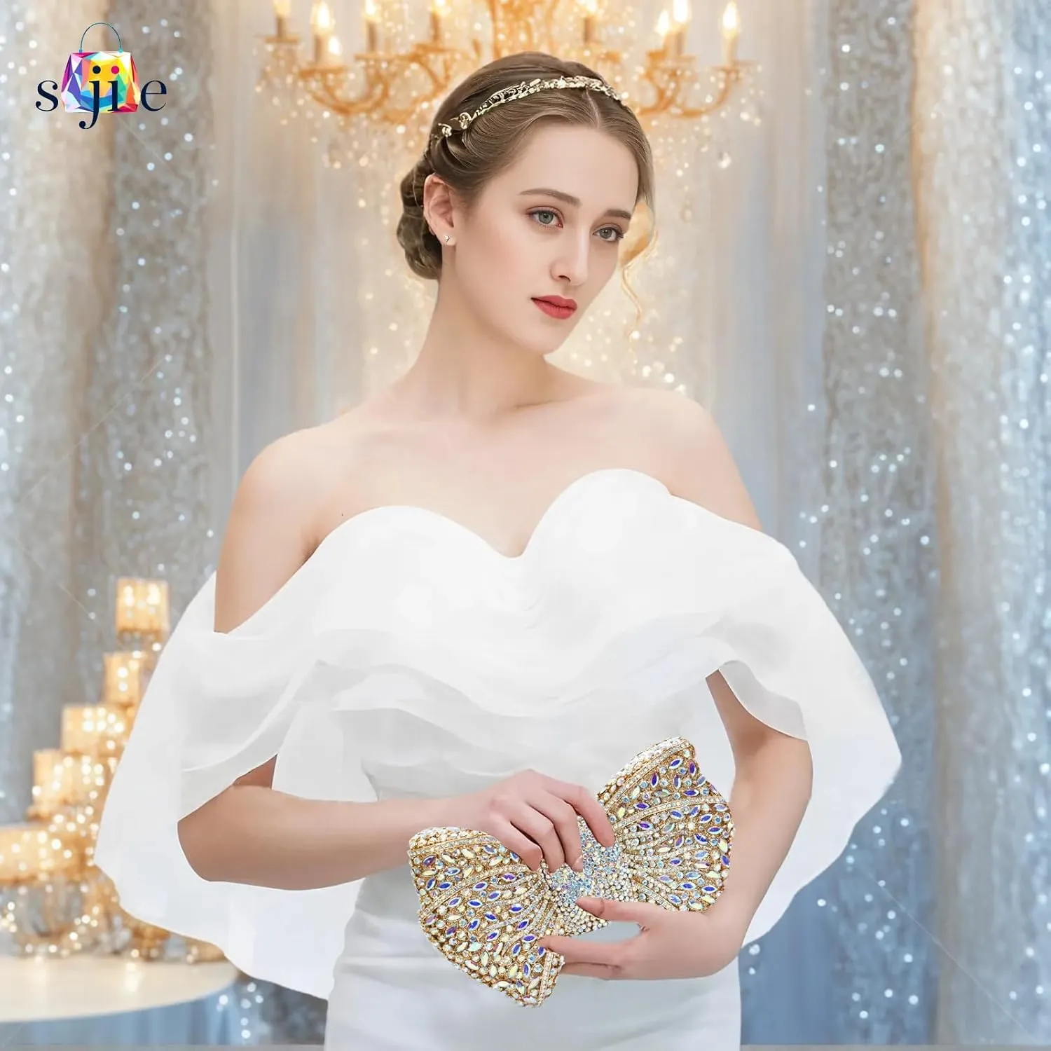 Handmade Inlay Rhinestone Bow Clutch Bag for Women, Sparkling Evening Party Wedding Purse with Detachable Pearl Chain Strap