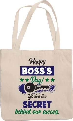 Happy Boss's Day. You're The Secret Behind Our Success. Gratitude Reusable Tote Bag For Supervisors, Managers, Mentors, Leaders, Chief, Officer, Exec, Head, Women And Men