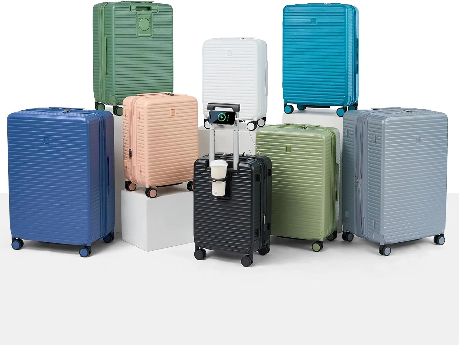 Hard Shell Suitcases 24 Inch Check in Luggage with Spinner Wheels, Expandable Travel Luggage with Cup Holder Charger Built in, Checked Medium Suitcase Lightweight Suitcases, Silver