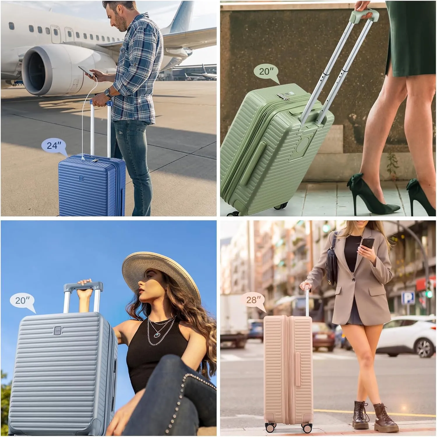 Hard Shell Suitcases 24 Inch Check in Luggage with Spinner Wheels, Expandable Travel Luggage with Cup Holder Charger Built in, Checked Medium Suitcase Lightweight Suitcases, Silver