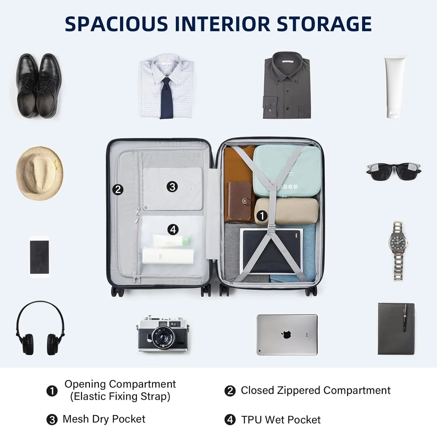 Hard Shell Suitcases 24 Inch Check in Luggage with Spinner Wheels, Expandable Travel Luggage with Cup Holder Charger Built in, Checked Medium Suitcase Lightweight Suitcases, Silver