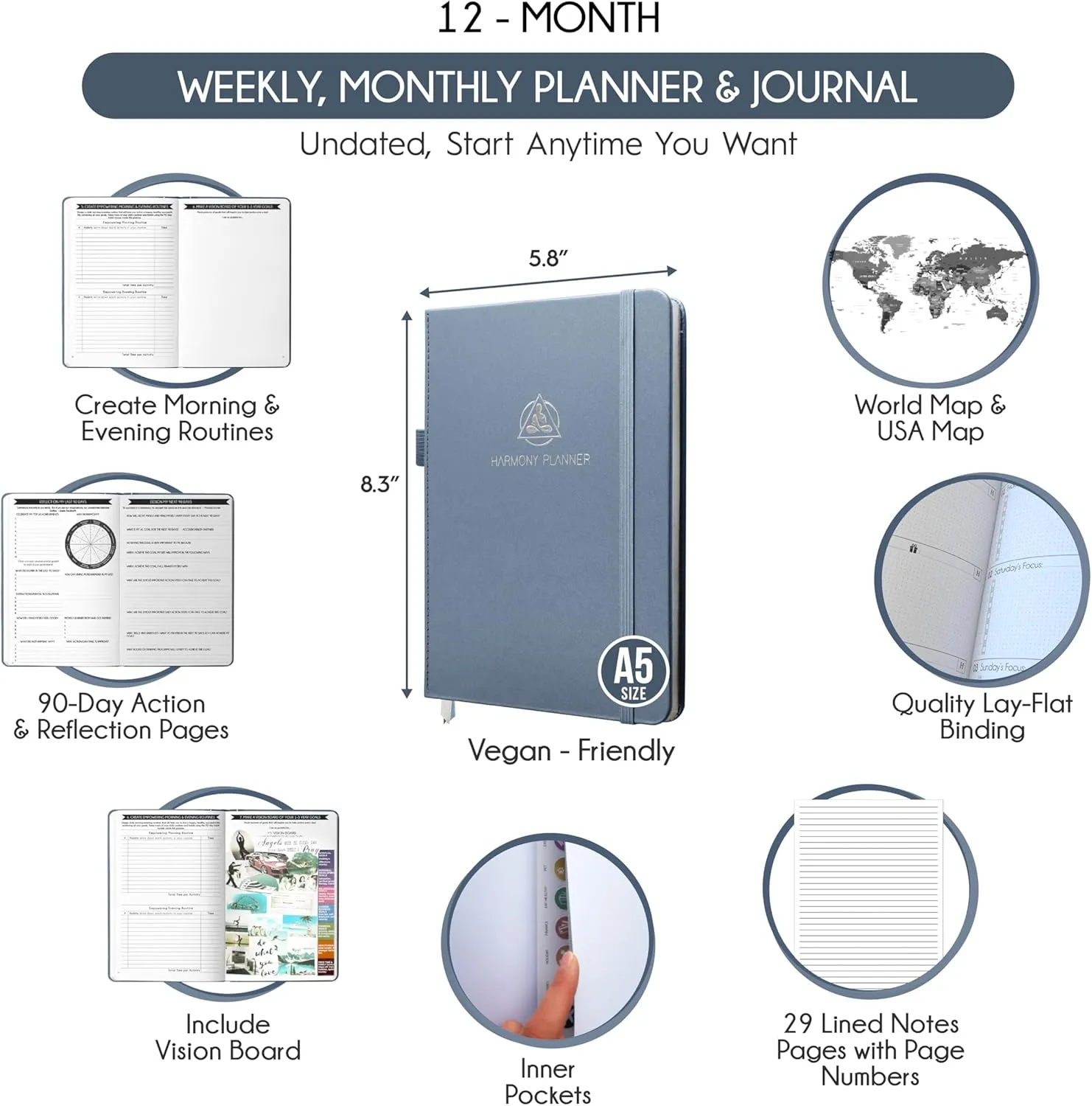 Harmony Goal Planner - A 12 Month Journey to Bring Harmony in Your Life, Increase Productivity, Passion, Success & Happiness - Life Planner, Habit-Tracker, Gratitude Journal & Organizer