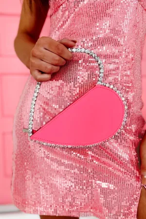 Heart On Your Sleeve Rhinestone Heart Clutch (Neon Pink)