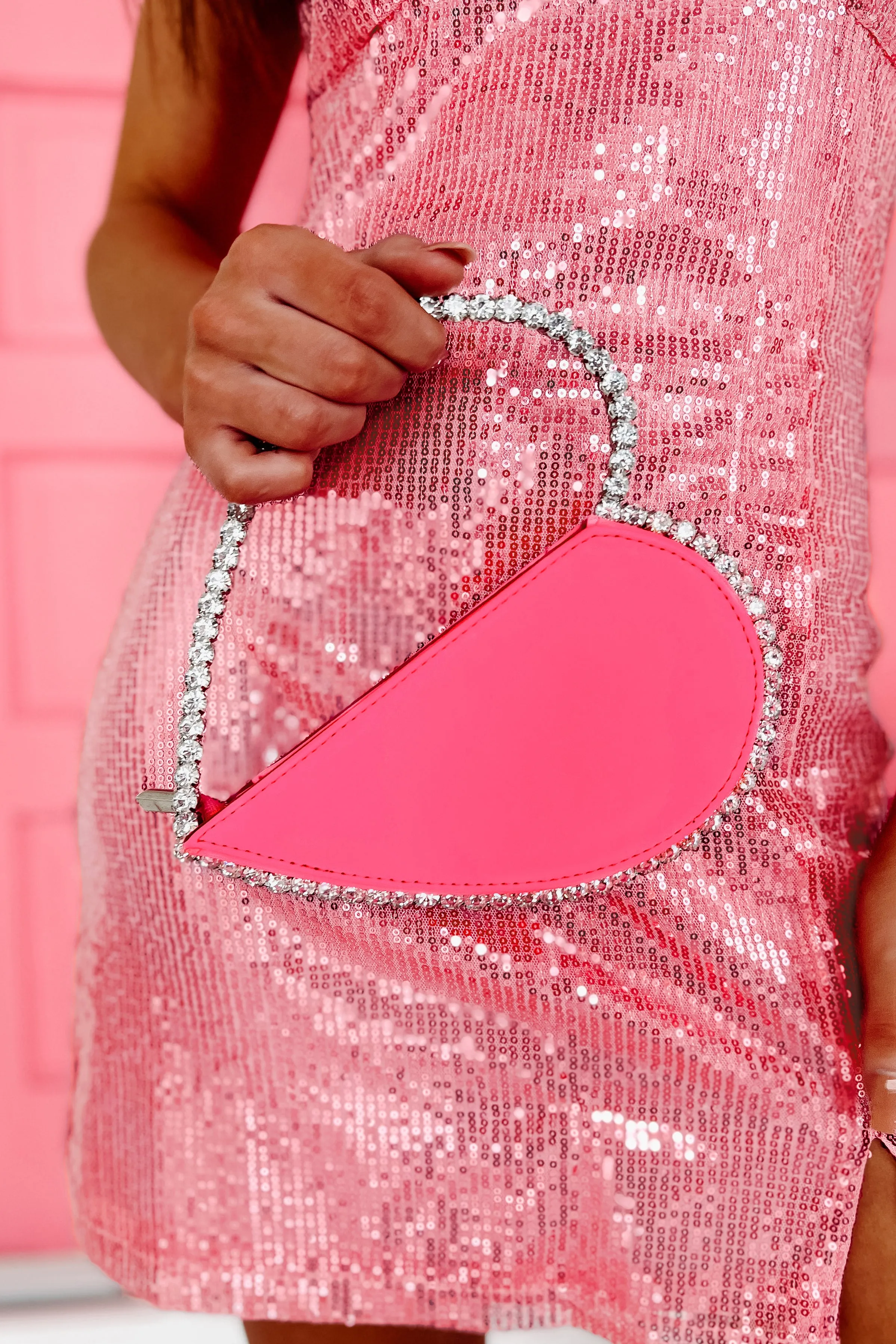 Heart On Your Sleeve Rhinestone Heart Clutch (Neon Pink)
