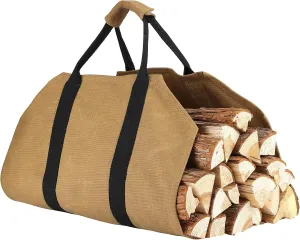 Heavy Duty 16oz Waxed Canvas Waterproof Firewood Log Tote Bag, Khaki, by Denifiter