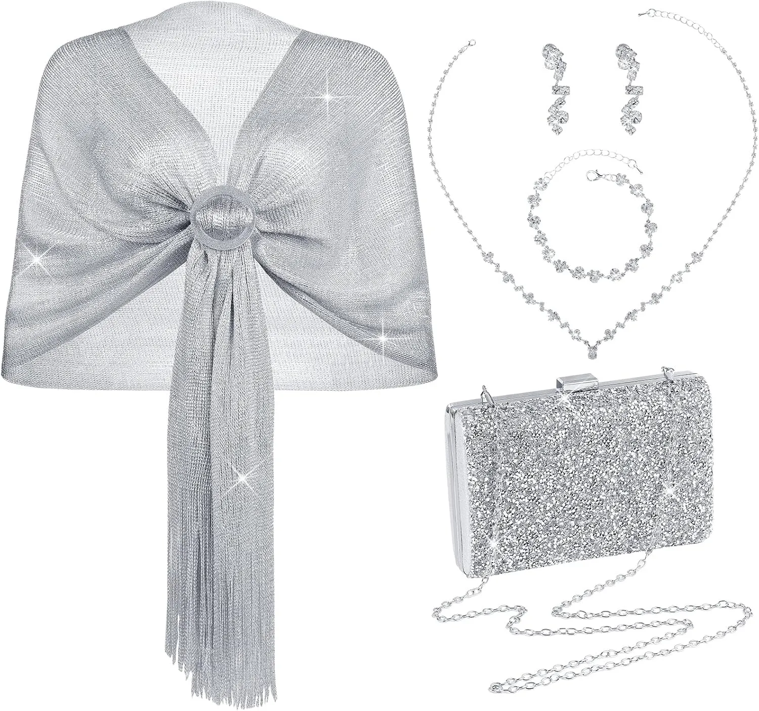Hicarer 5 Pcs Women Accessories Including Shawls and Wraps, Clutch Purse, Rhinestone Jewelry Sets for Wedding Bridal Party
