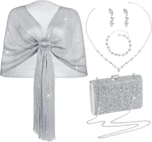 Hicarer 5 Pcs Women Accessories Including Shawls and Wraps, Clutch Purse, Rhinestone Jewelry Sets for Wedding Bridal Party