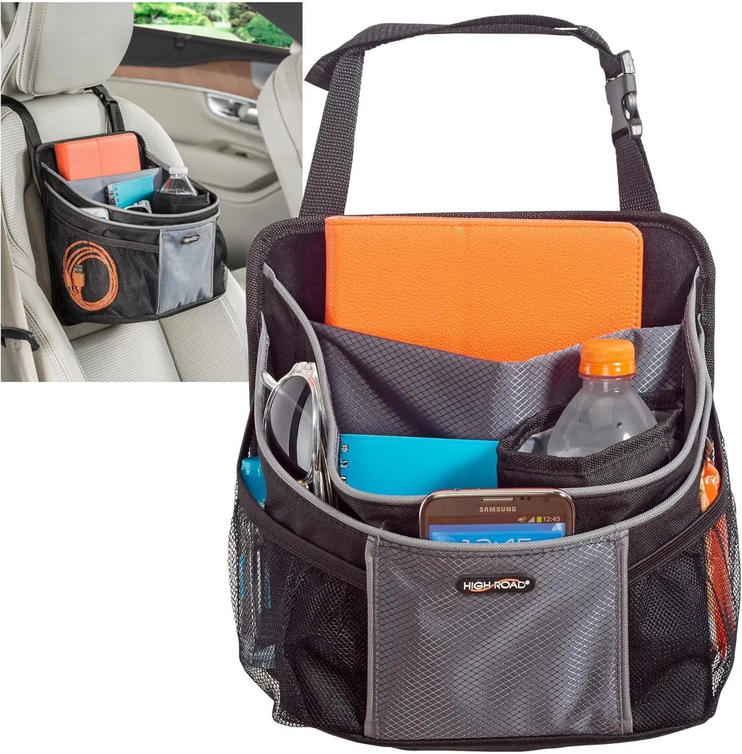 High Road DriverStash Passenger Front Seat or Car Seatback Organizer with Insulated Cup Holder and 10 Multipurpose Pockets for SUVs, Cars, Trucks and Vans