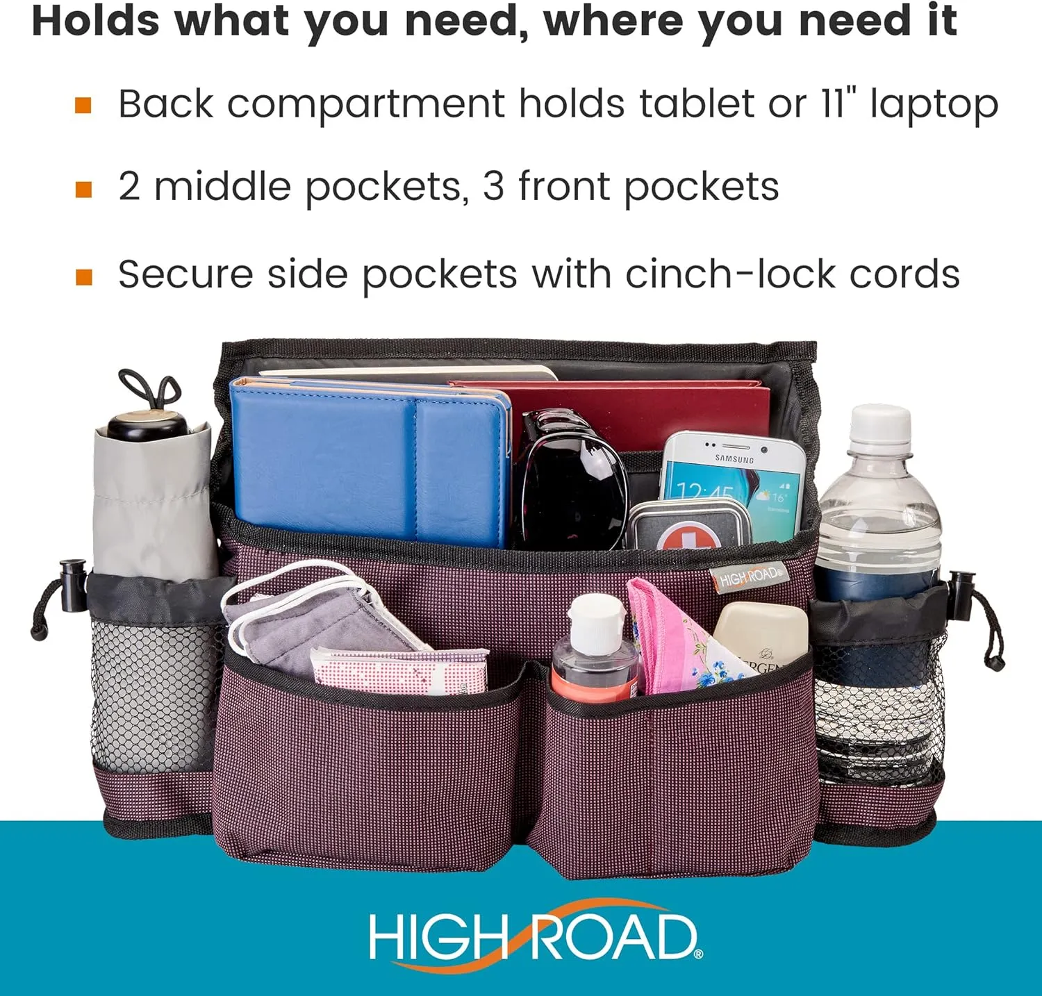 High Road Walker Bag, Wheelchair Bag and Mobility Scooter Caddy - 8 Easy Access Pockets and Cup Holders for Mobility Aids and Equipment