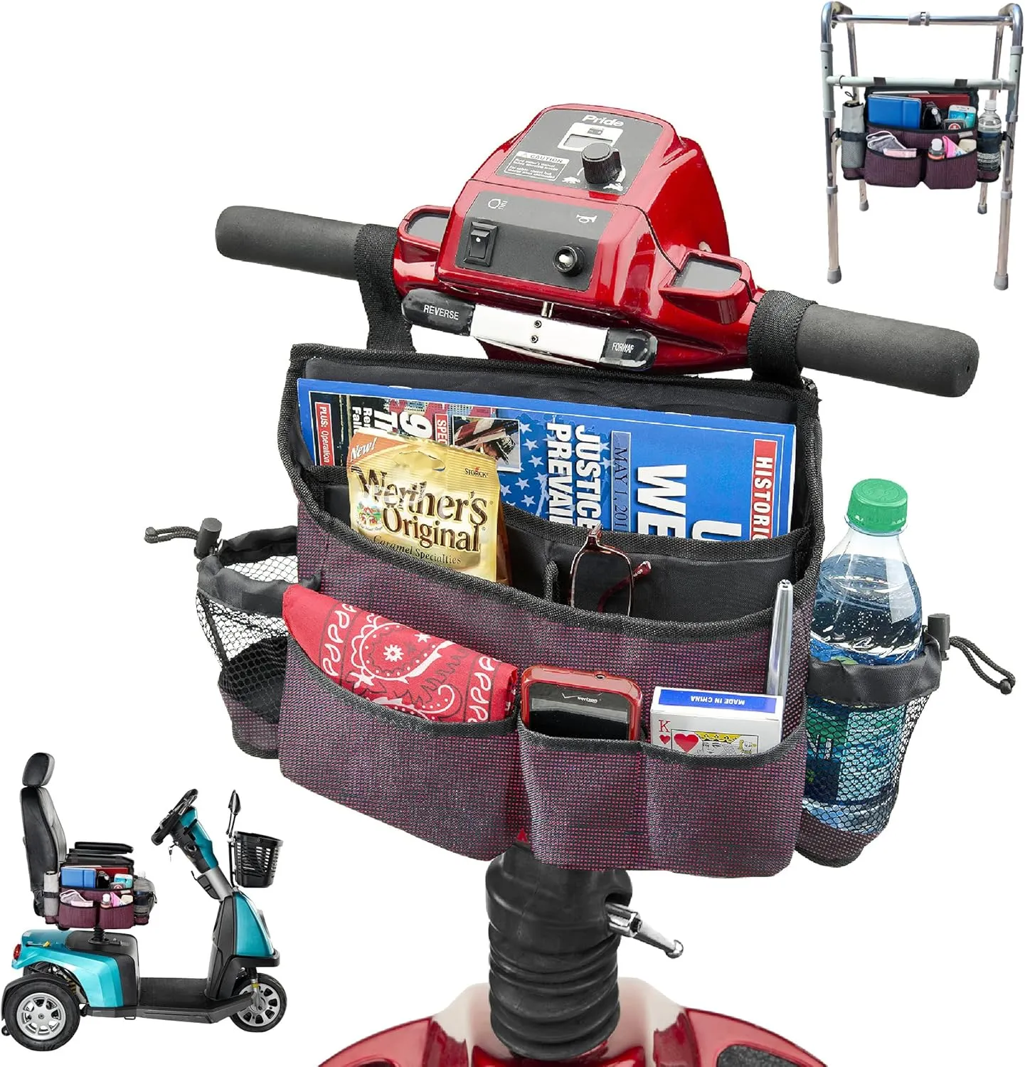 High Road Walker Bag, Wheelchair Bag and Mobility Scooter Caddy - 8 Easy Access Pockets and Cup Holders for Mobility Aids and Equipment