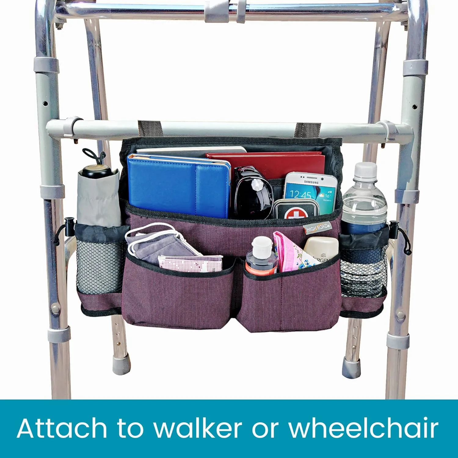 High Road Walker Bag, Wheelchair Bag and Mobility Scooter Caddy - 8 Easy Access Pockets and Cup Holders for Mobility Aids and Equipment