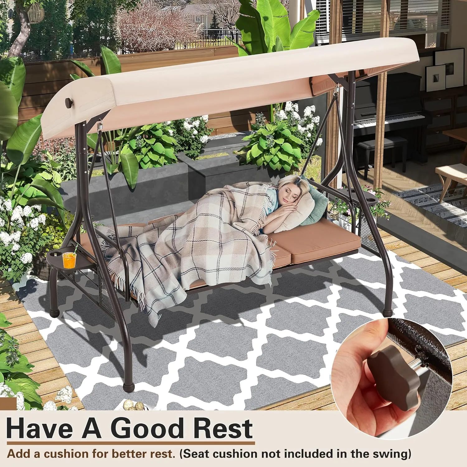 HOMREST Outdoor Porch Swing with Adjustable Canopy, Backrest, 3-Person Patio Canopy Swing Textilene Bed with Side Cup Holder, Pillow for Garden, Deck, Back Yard, Lawn (Khaki)