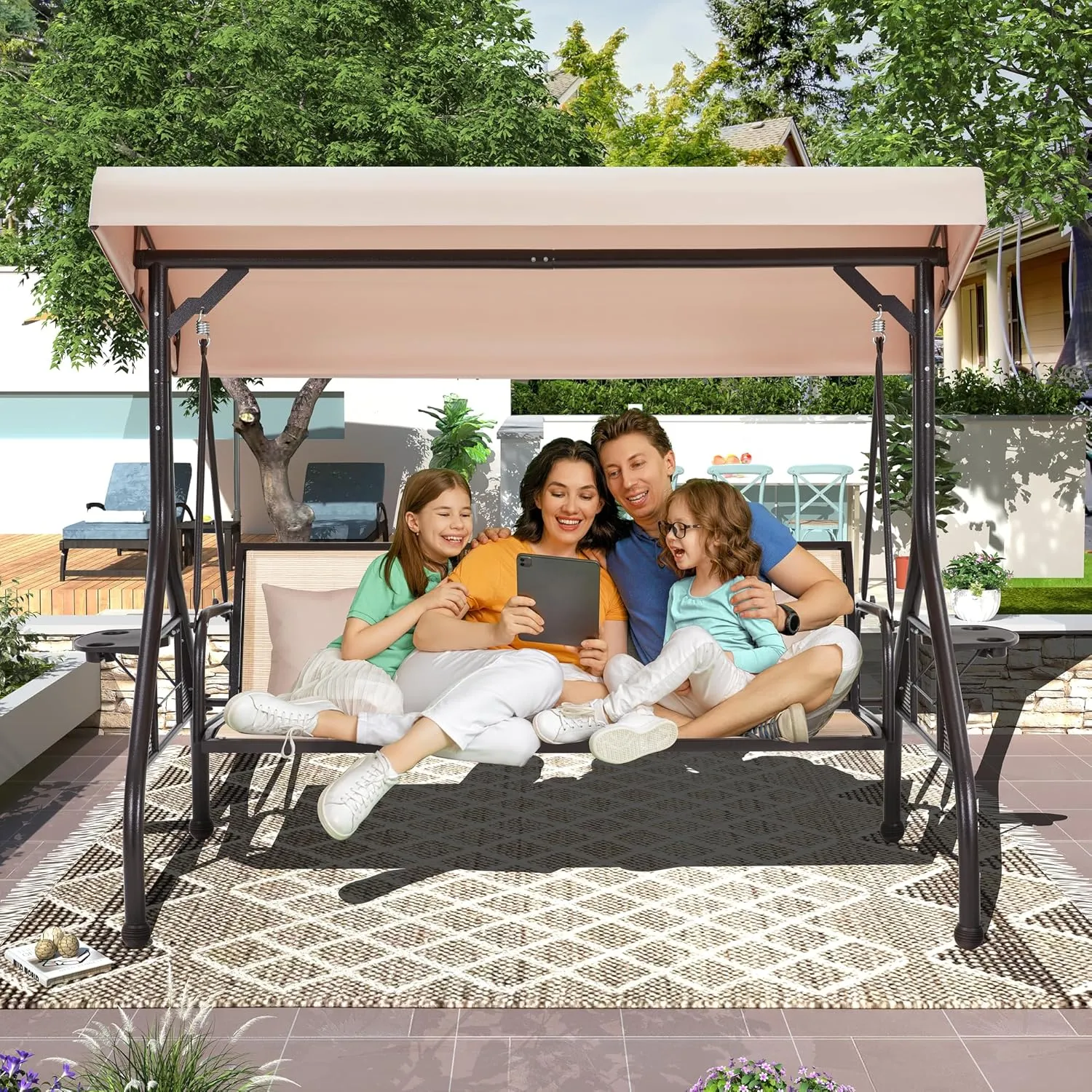 HOMREST Outdoor Porch Swing with Adjustable Canopy, Backrest, 3-Person Patio Canopy Swing Textilene Bed with Side Cup Holder, Pillow for Garden, Deck, Back Yard, Lawn (Khaki)