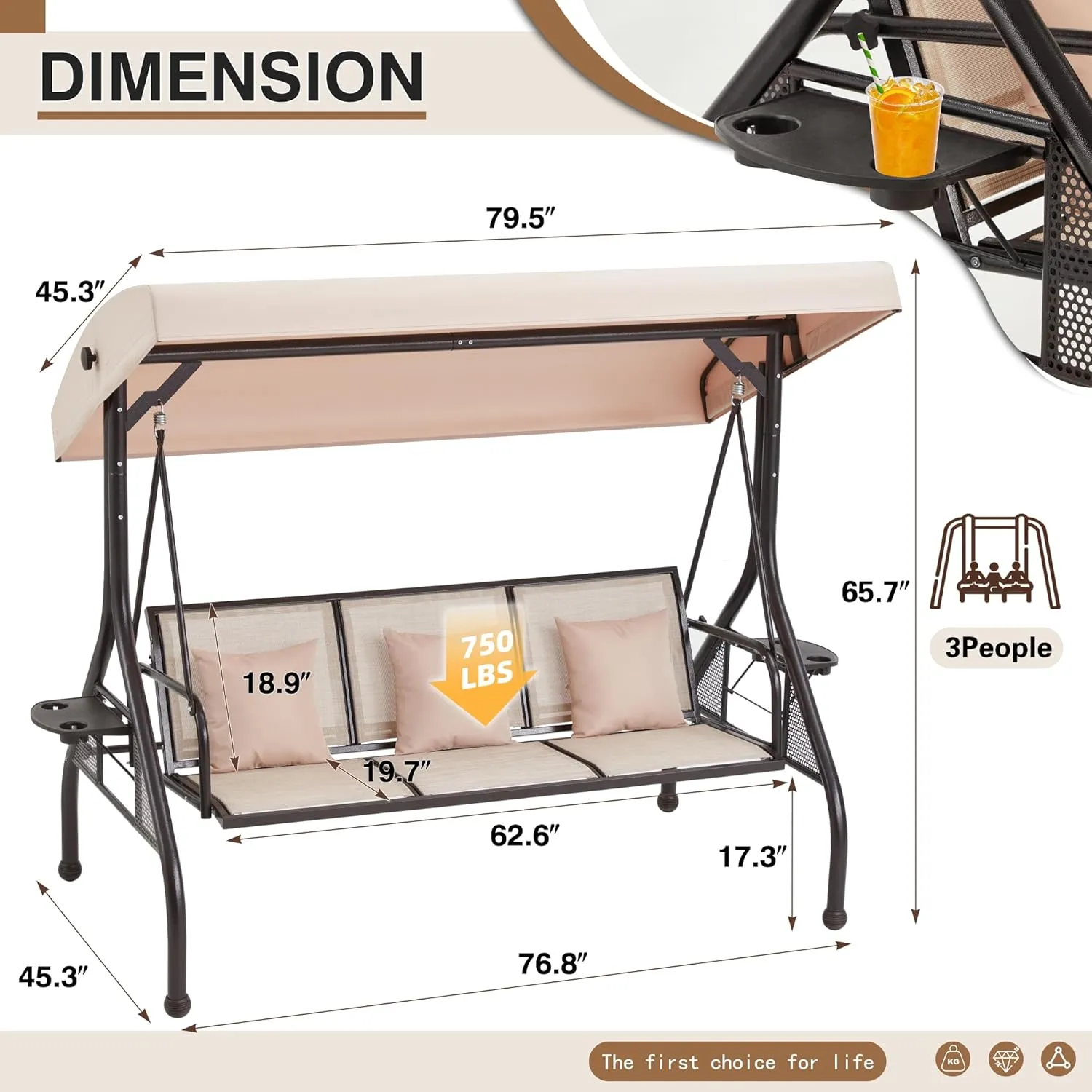 HOMREST Outdoor Porch Swing with Adjustable Canopy, Backrest, 3-Person Patio Canopy Swing Textilene Bed with Side Cup Holder, Pillow for Garden, Deck, Back Yard, Lawn (Khaki)