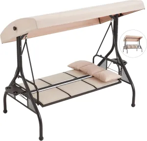 HOMREST Outdoor Porch Swing with Adjustable Canopy, Backrest, 3-Person Patio Canopy Swing Textilene Bed with Side Cup Holder, Pillow for Garden, Deck, Back Yard, Lawn (Khaki)