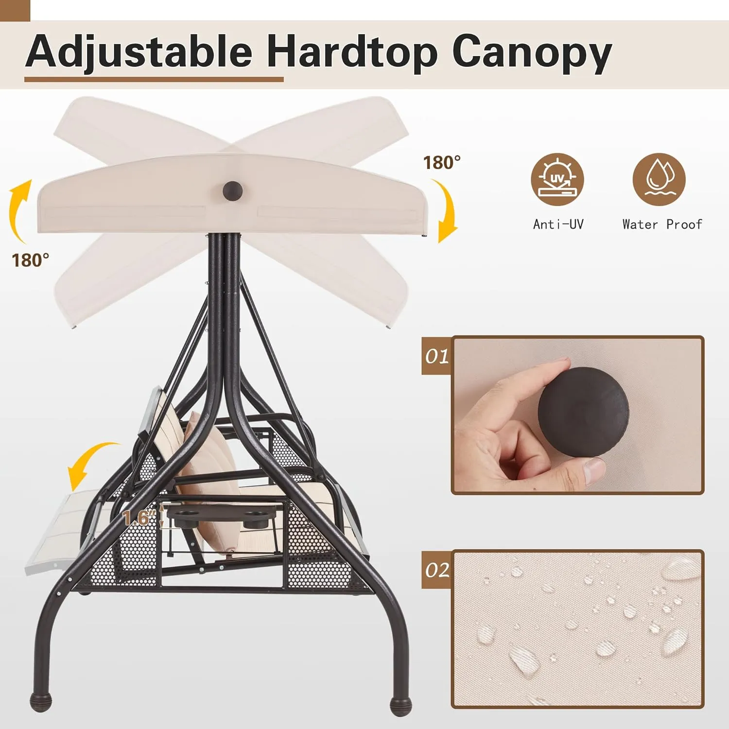 HOMREST Outdoor Porch Swing with Adjustable Canopy, Backrest, 3-Person Patio Canopy Swing Textilene Bed with Side Cup Holder, Pillow for Garden, Deck, Back Yard, Lawn (Khaki)