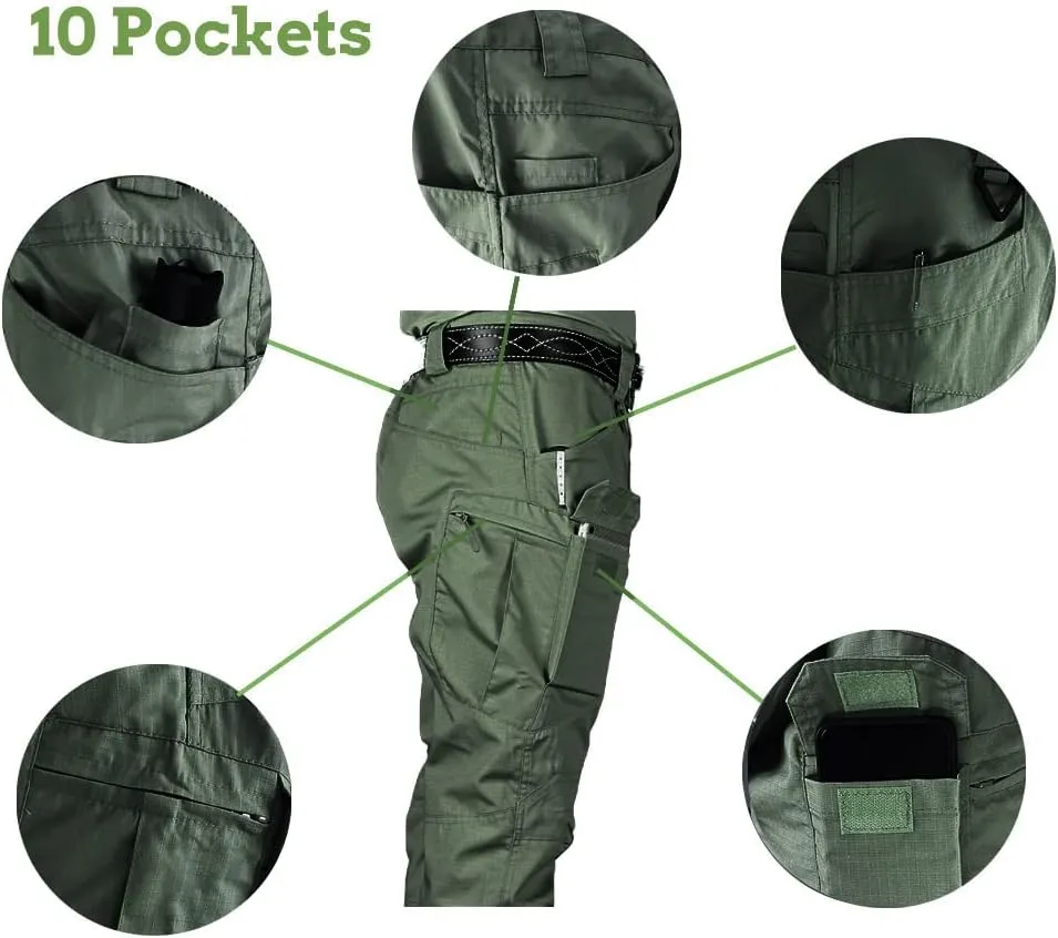 HYCOPROT Men's Hiking Pants Ripstop Water Repellent Lightweight Casual Cargo Pants Quick Dry Army 10 Pockets Work Trousers