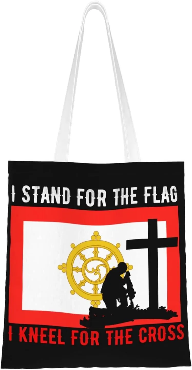 I Stand For The Sikkim Flag And I Kneel For The Cross Tote Bag for Women Canvas Shopping Bags Reusable Large Capacity Casual Shoulder Handbags Grocery Bags DIY Gift Bags