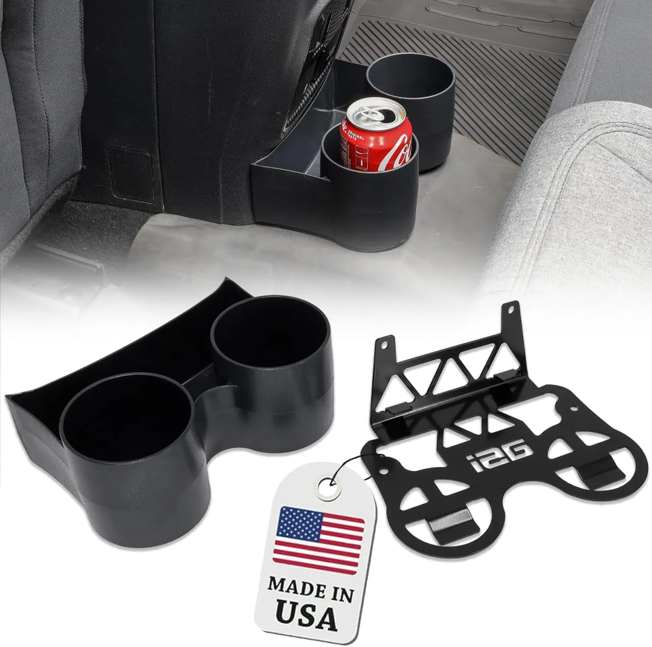 IAG Removable Rear Dual Cup Holder - Made in USA for Ford Bronco 2021  2/4 Door (NOT Sport), Easy Installation for Back seat