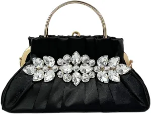 IAMUHI Women Retro Satin Evening Handbag Pleated Rhinestone Clutch Bag Party Wedding Crossbody Shoulder Purse with Chain