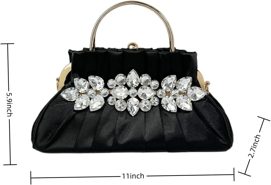 IAMUHI Women Retro Satin Evening Handbag Pleated Rhinestone Clutch Bag Party Wedding Crossbody Shoulder Purse with Chain