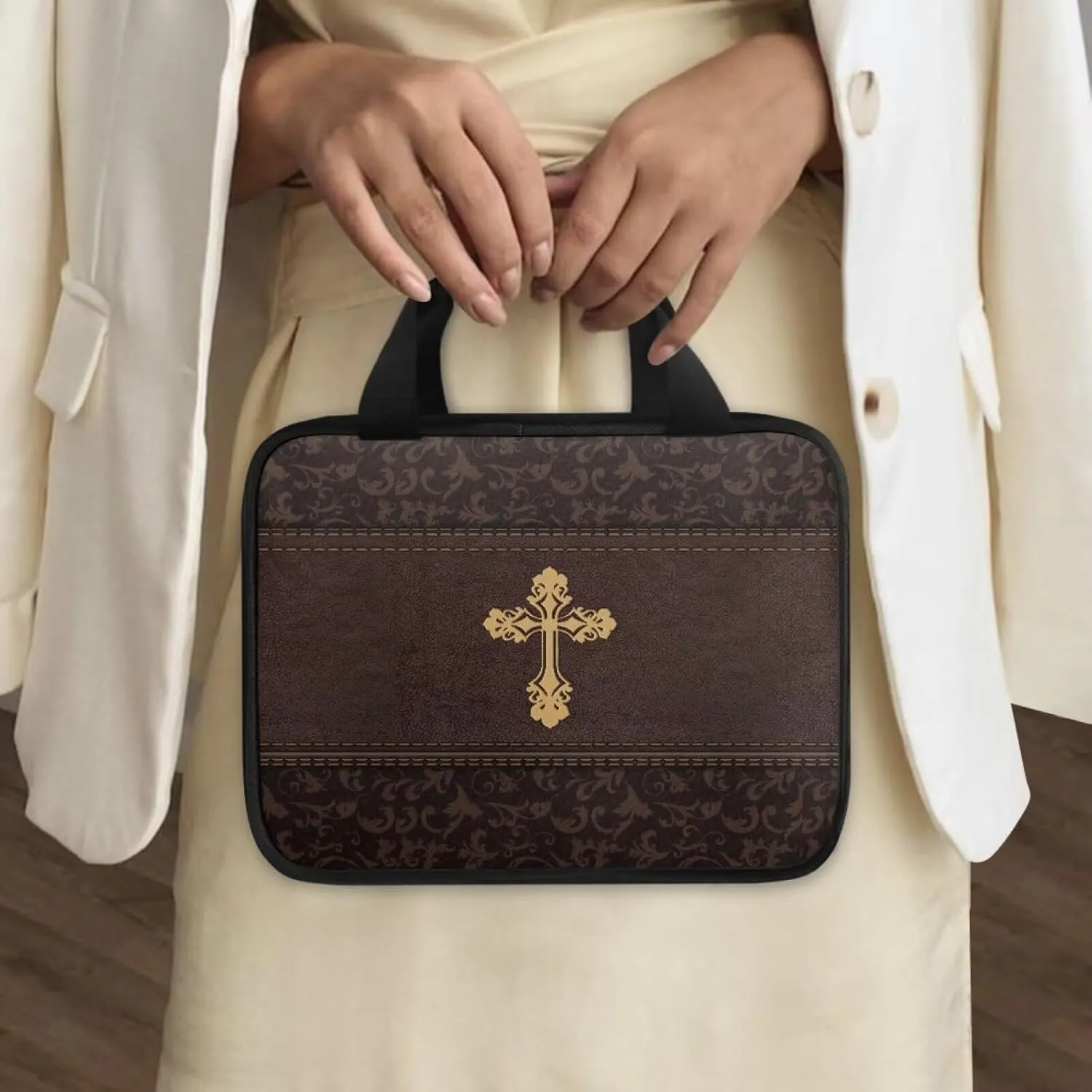 Imitation Leather Print Bible Case Bible Cover for Women Canvas Bible Carrying Case Built-in Pocket Handle Church Bag